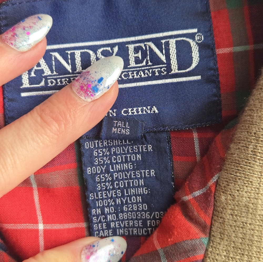 Vintage Lands' End Harrington Jacket XL Tall Tan Plaid Lined Full Zip Bomber - Picture 7 of 9